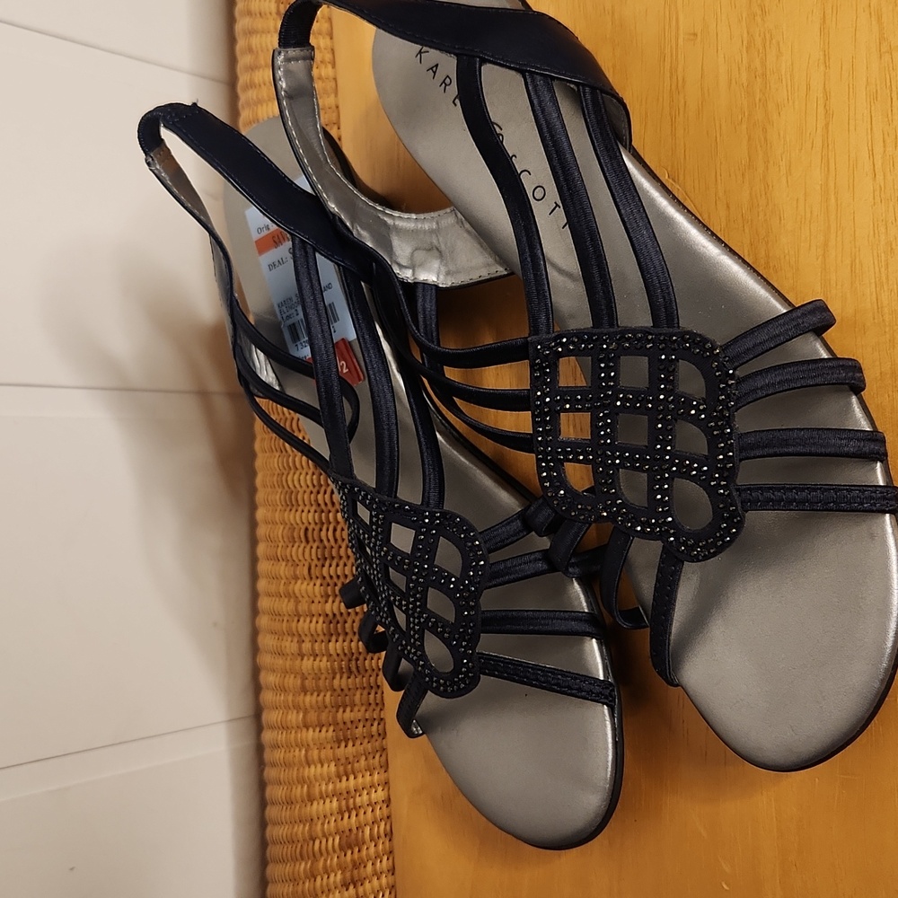 Karen Scott Navy Blue Sequins Strappy Kitten Heel Event Sandals - Picture 2 of 9